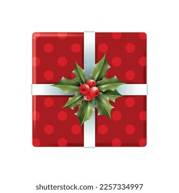 Weihnachtskomposition mit isolierter Draufsicht der verpackten Geschenkbox mit farbigem Band und Bugisolierung, Vektorgrafik