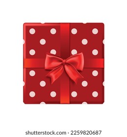 Christmas composition with isolated top view of wrapped gift box with colored ribbon and bow isolated vector illustration