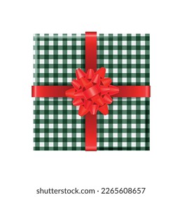 Christmas composition with isolated top view of wrapped gift box with colored ribbon and bow isolated vector illustration