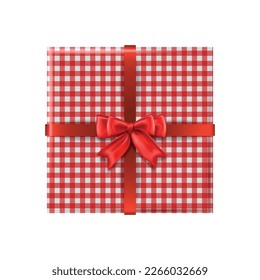 Composición navideña con vista superior aislada de caja de regalo envuelta con cinta de color y ilustración vectorial aislada de arco