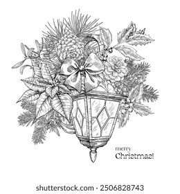 Christmas composition with lantern,bow, fir and pine branch, holly mistletoe poinsettia. Black white. Hand drawn Engraving vintage vector illustration for design holiday decor, new year greeting card