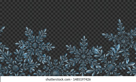 Christmas composition of large complex transparent snowflakes in light blue colors for use on dark background. With horizontal repeating pattern. Transparency only in vector format