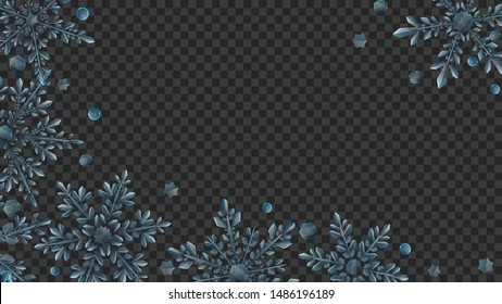 Christmas composition of large complex transparent snowflakes in light blue colors for use on dark background. Transparency only in vector format