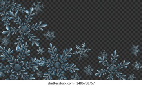 Christmas composition of large complex transparent snowflakes in light blue colors for use on dark background. Transparency only in vector format