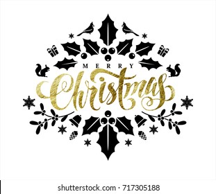 Christmas Composition Made of Christmas Related Elements with Gold Calligraphic Inscription.