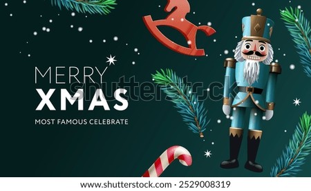 Christmas composition made of wooden Nutcracker, Christmas tree branches, candy and toy rocking horse, vector illustration