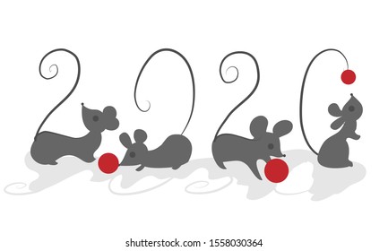 Christmas composition with mice - a symbol of next year in gray tone, animal of 2020. Vector illustration