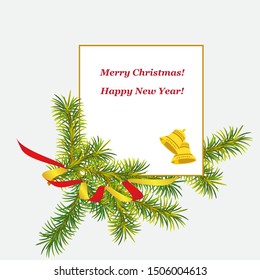 Christmas composition. New Year card template. White sheet of paper decorated with a spruce branch, decorative red tinsel and two gold bells. Isolated. White background