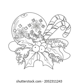 Christmas composition of orange with carnation, holly and candy cane. Coloring book.
