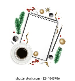 Christmas composition. Paper blank, christmas tree branches, golden decorations on white background. Flat lay, top view.