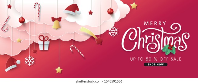 Christmas composition in paper cut style sale banner background.Merry Christmas text Calligraphic Lettering Vector illustration. 