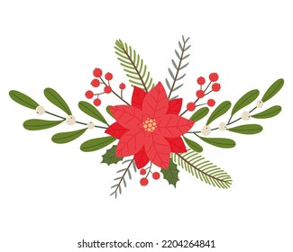 Christmas composition with poinsettia, winter plants and berries.