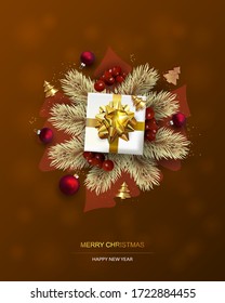 Christmas composition with  realistic gift boxes, Christmas tree branches. Red Holiday's Background, Holly Berries. Red Christmas balls