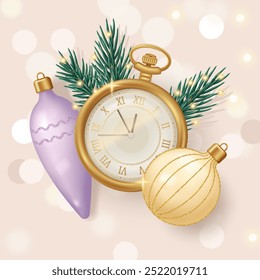 Christmas composition with a realistic old vintage clock, glass balls, and fir twigs. Vector illustration in 3D style