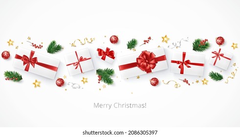 Christmas composition, realistic vector. Presents with red bows on white background. Festive holiday decoration. Fir tree branch, gift box. For winter sale banners, headers, websites, party posters.