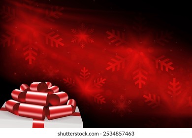 Weihnachtskomposition in Rot mit Schneeflocken, weiße Schachtel Deckel Silhouette, schöne rote Schleife.