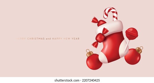 Christmas composition with red sock and candies.  Web banner with copy space. Vector Illustration in realistic 3D style