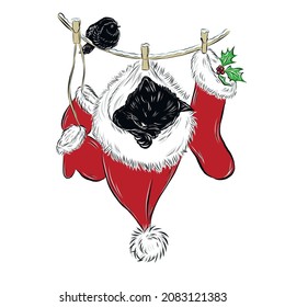 Christmas composition - red sock with sleeping cat, santa claus hat, mittens, bird sitting on a rope. Vector design for new year card. 