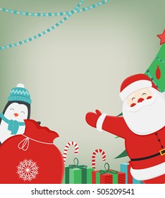 Christmas composition with Santa Claus and Penguin. Christmas greeting card. Space for text. Vector illustration
