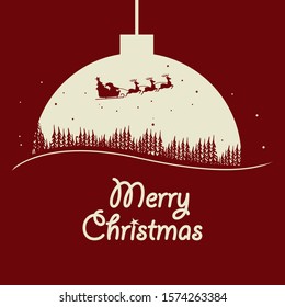 Christmas composition. Santa in a sleigh over houses and trees. Christmas card. Vector illustration