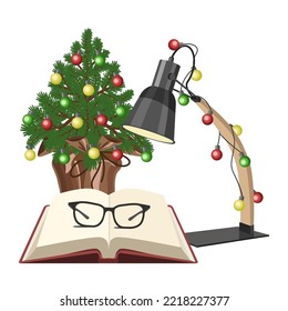 Composición navideña un pequeño árbol de Navidad decorado con una guirnalda, un libro abierto, gafas y una lámpara de mesa aislada en un fondo blanco.La composición vectorial se puede usar en Navidad, diseño educativo