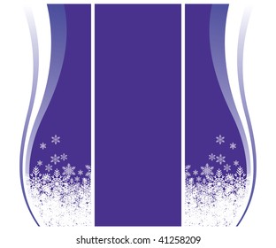 Christmas composition with snowflakes. In the centre the violet rectangle is located. Near to it white snowflakes fall.