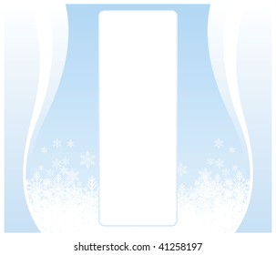 Christmas composition with snowflakes. In the centre the white rectangle is located. Near to it white snowflakes fall.