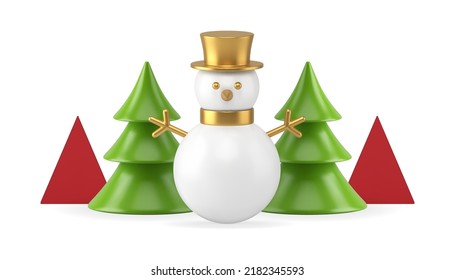 Christmas composition snowman and glossy green spruce festive bauble decorative design realistic 3d icon vector illustration. Xmas December traditional holiday decor with geometric triangle pyramid