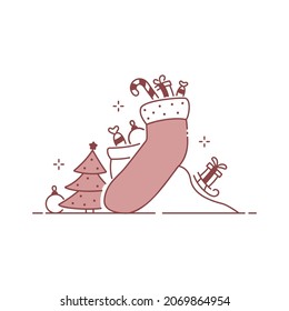 Christmas composition of a sock filled with sweets, Christmas card design