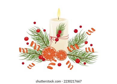 Composición navideña con ramas de abeto, bayas de arándanos.naranjas, velas.Un elemento para felicitaciones por Navidad y Año Nuevo.