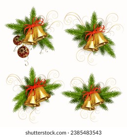 Christmas composition of spruce green branches, golden bells and burgundy balls with golden snowflakes, set, design element.