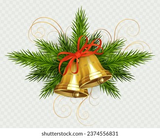 Christmas composition of spruce green twigs and bells of gold color with a red ribbon.
