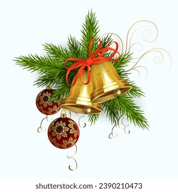 Christmas composition of spruce green twigs, golden bells with red ribbon, design element.