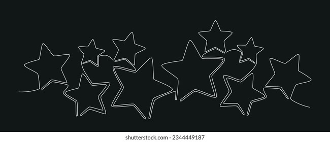 Christmas composition with stars. Hand drawing continues one single line. Vector stock illustration isolated on black background for invitation, card, frame or border. Editable stroke. EPS