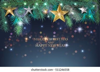 Christmas composition with tree branches and christmas decorations. Vector illustration