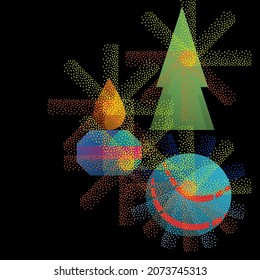 Christmas composition of a Christmas tree, candles and a festive ball on a black background.