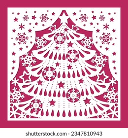 Christmas composition with Christmas tree and snowflakes. Template for laser cutting of paper, cardboard, wood, metal. For decorating Christmas cards, invitations, greetings, envelopes, interior decor