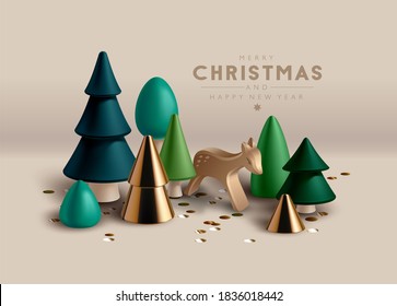 Christmas composition with Christmas trees and toy wooden deer