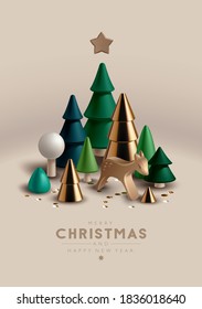 Christmas composition with Christmas trees and toy wooden deer