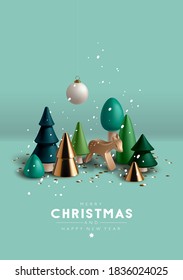 Christmas composition with Christmas trees and toy wooden deer