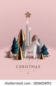 Christmas composition with Christmas trees and traditional Scandinavian toy  horse.