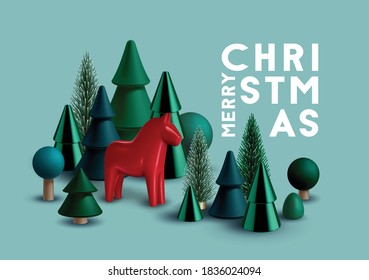 Christmas composition with Christmas trees and traditional Scandinavian toy  horse.