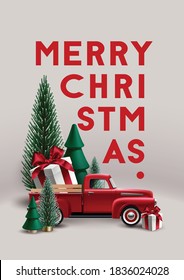 Christmas composition with christmas trees,  vintage toy red pickup truck and gift box.