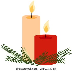 Christmas composition with two burning candles and fir tree branches. Vector illustration with transparent background.