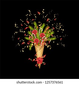 Christmas composition in a waffle cone of coniferous branches and decorations on black background