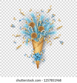 Christmas composition in a waffle cone of coniferous branches and decorations