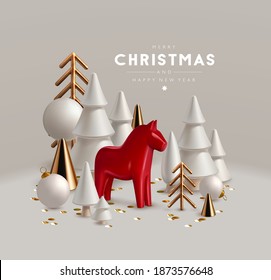 Christmas composition with white and gold Christmas trees, and traditional red Scandinavian toy horse.