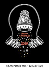 Christmas composition Winter hat with mittens snowflakes on black. Congratulation with Merry Christmas and  Happy New Year. Banner or  Flyer for  Christmas sales 