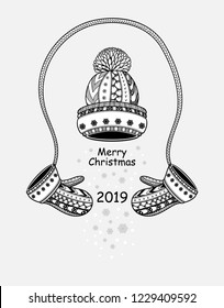 Christmas composition Winter hat with mittens snowflakes black on white. Congratulation with Merry Christmas and  Happy New Year. Banner or  Flyer for  Christmas sales. Coloring page