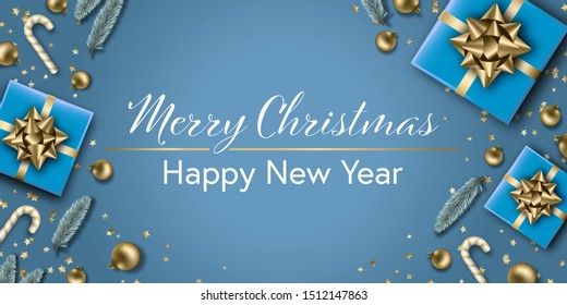 Christmas composition. Winter holiday banner with Christmas balls, gift boxes, fir branches and shine glitter on blue. Realistic holiday decorations. Vector illustration 